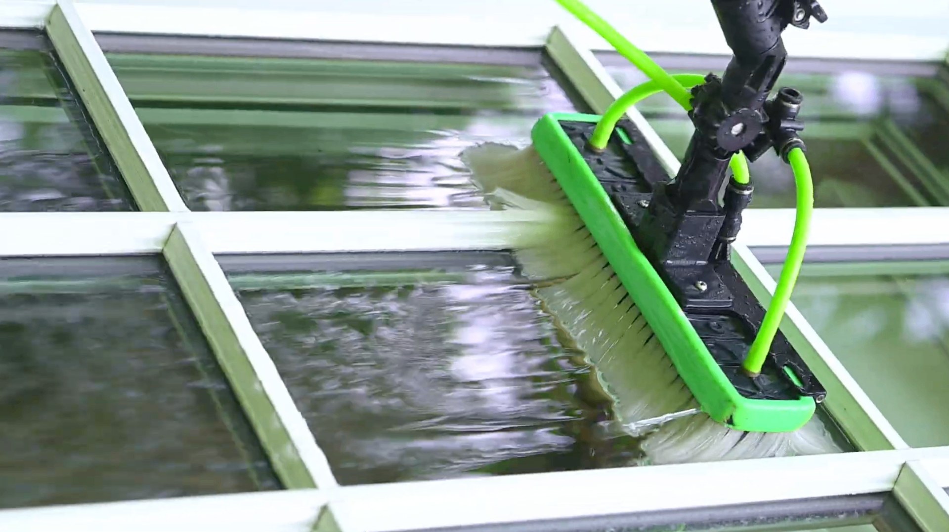 Water-fed pole brush cleaning glass panels streak-free in Northeast Ohio