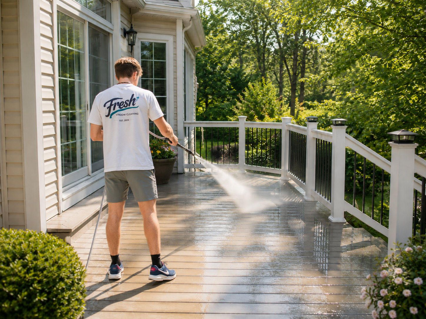 Technician in a Fresh shirt pressure washing a residential deck in Northeast Ohio