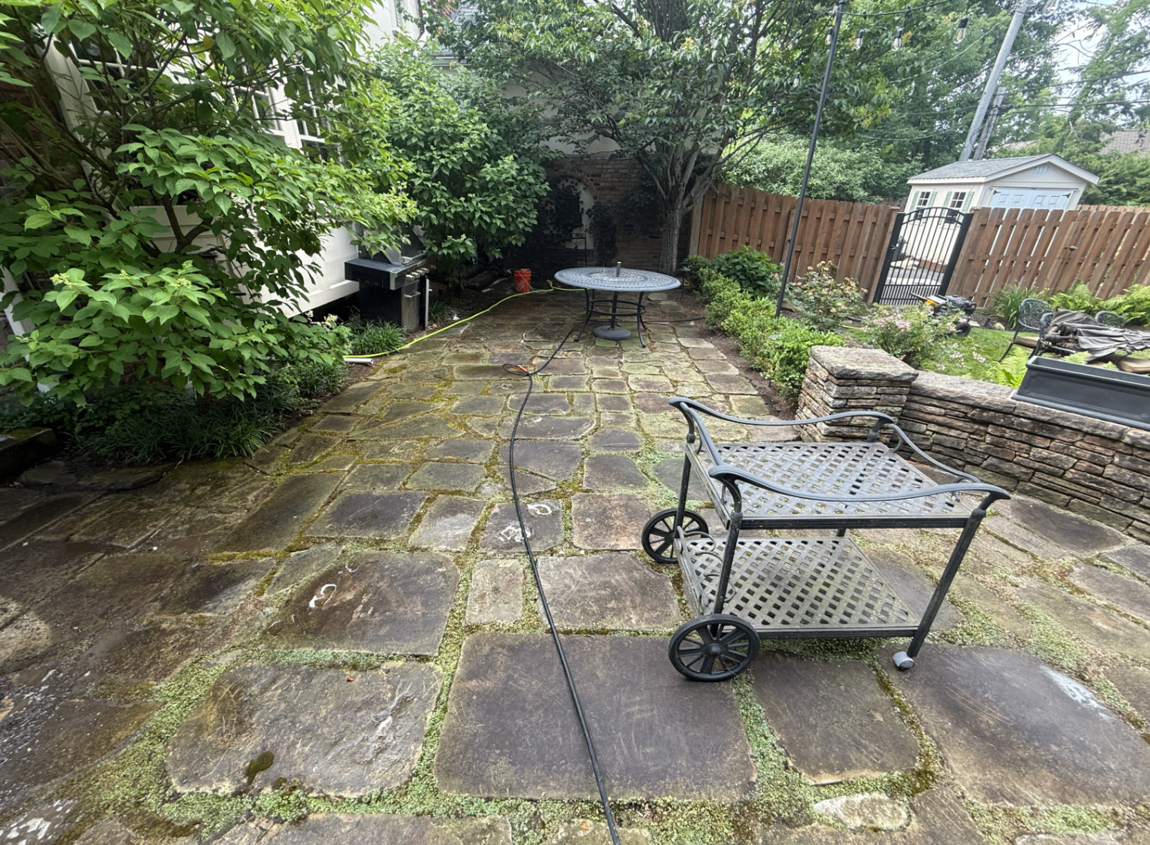Moss-covered, dirty stone patio before Fresh Windows pressure washing