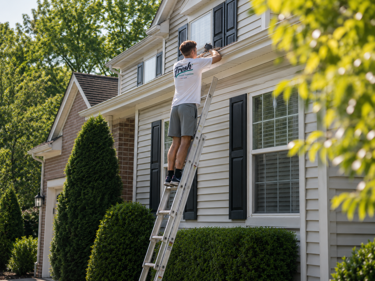 Technician on a ladder cleaning gutters on a residential home in Northeast Ohio