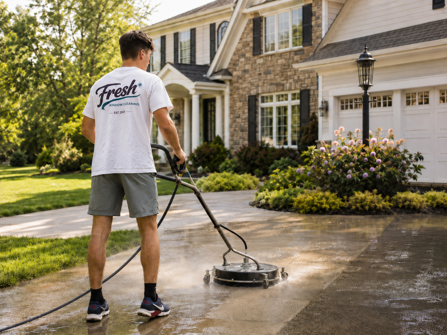 Technician pressure washing a driveway with a surface cleaner in Northeast Ohio