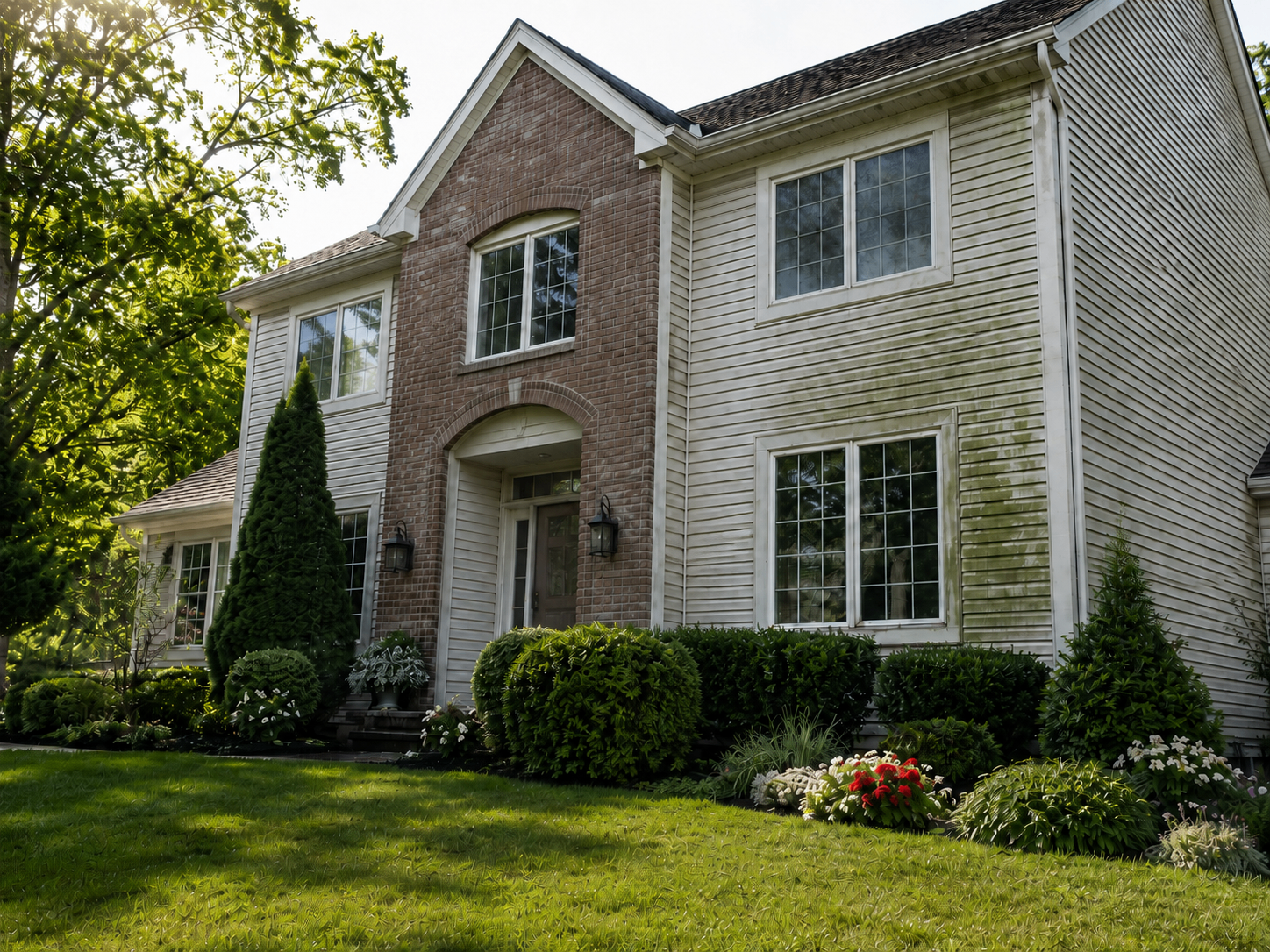 House siding covered in green algae and organic buildup before Fresh Windows house washing