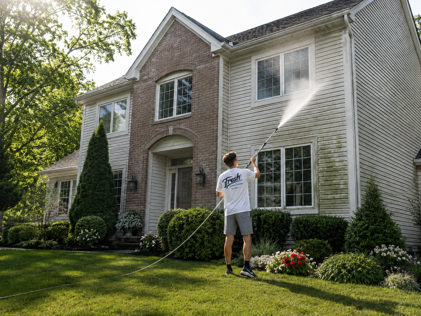 Technician safely washing a residential home exterior in Northeast Ohio